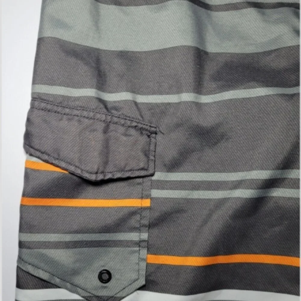 Hang Ten Mens Orange and Gray Striped Swim Trunks With 1 Pocket Size Large